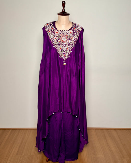 Royal Purple Thread and Bead Handworked Pure Silk Indo-Western Ensemble - DRESS/005-99284 G