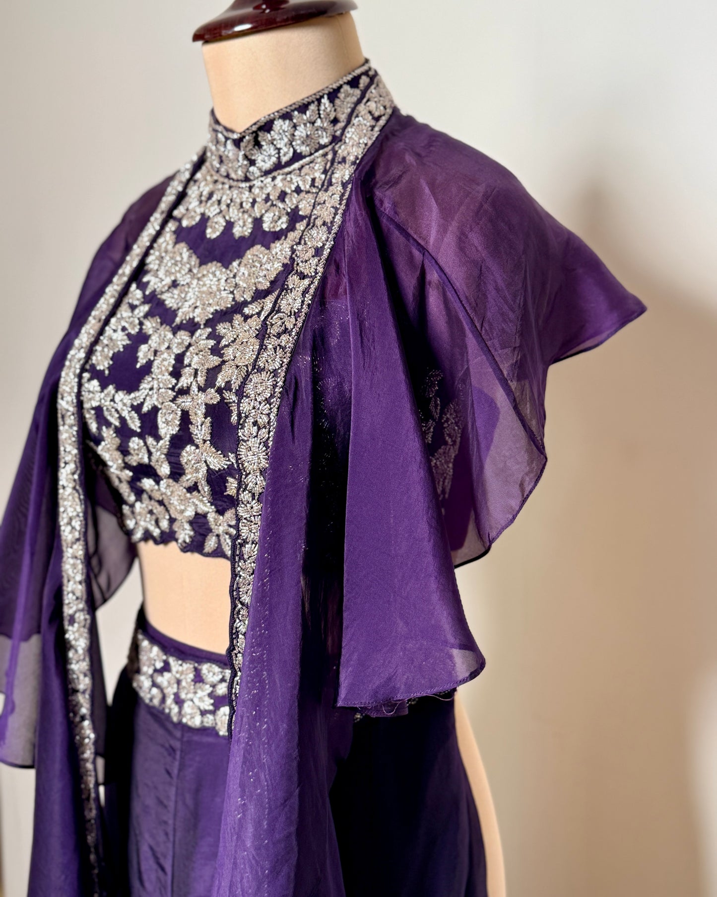 Purple Heavy Zardosi Embroidered Pure Chiffon Indo-Western Set with Cape - SP1738 BURGUNDY C