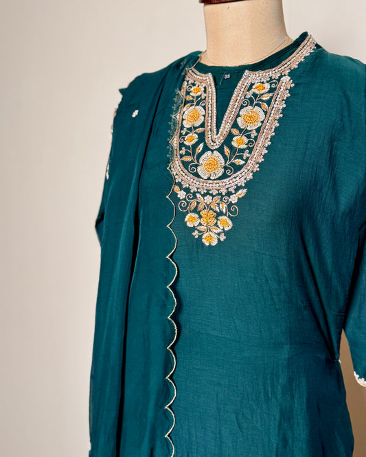 Deep Emerald Green Zardosi Hand-Embroidered Silk Blend Kurti Set with Organza Dupatta -16941SR - IBKN D