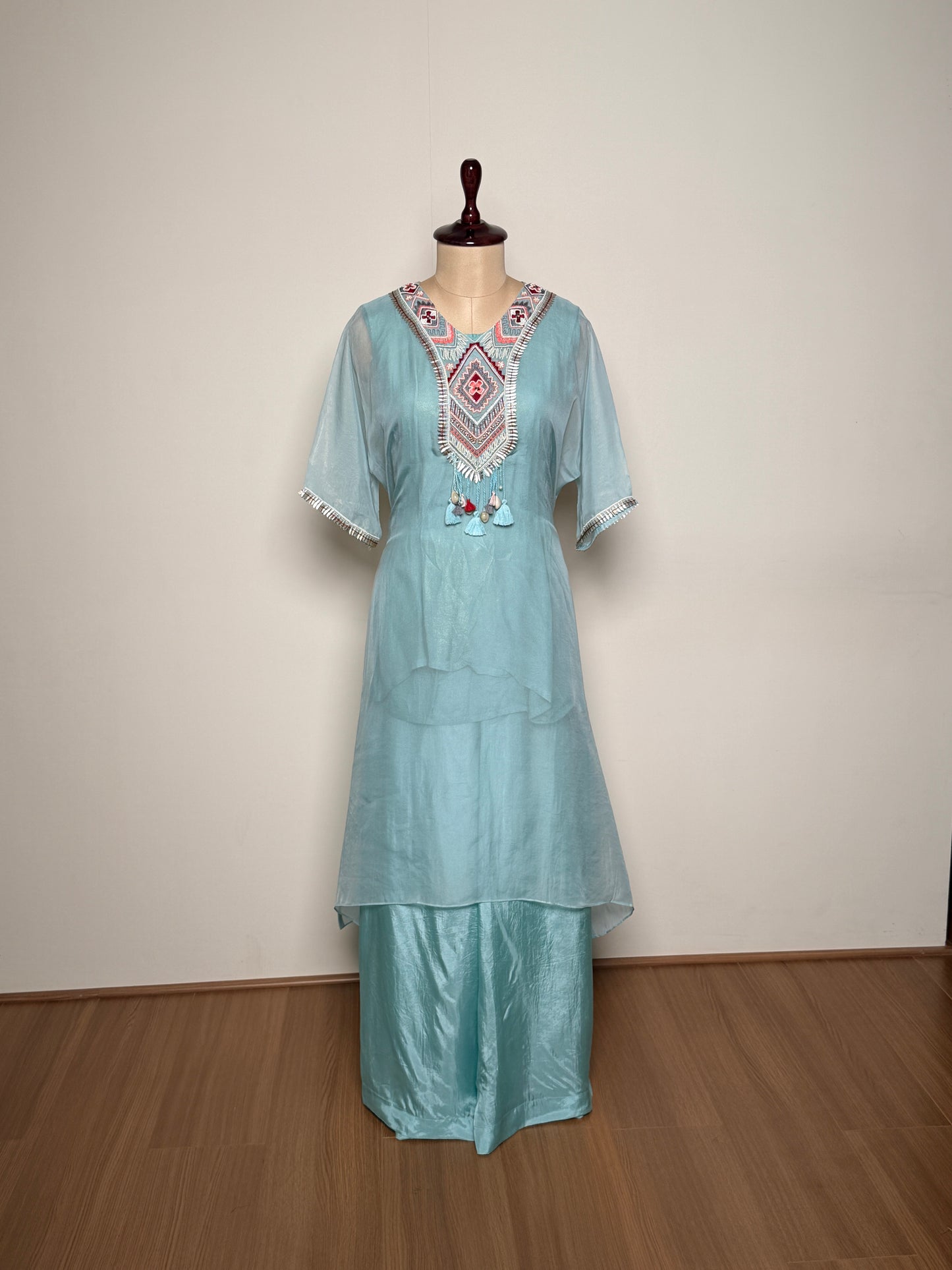 Pastel Blue Chiffon & Silk Aari, Moti & Thread Embroidered Kurti Set – TF-P-1003 L