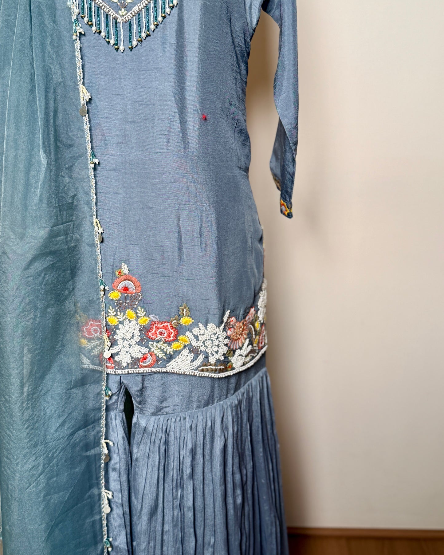 Grey Bead, Aari & Zardosi Handworked Pure Silk Indo-Western Set - SUIT / S-107 / GREY R