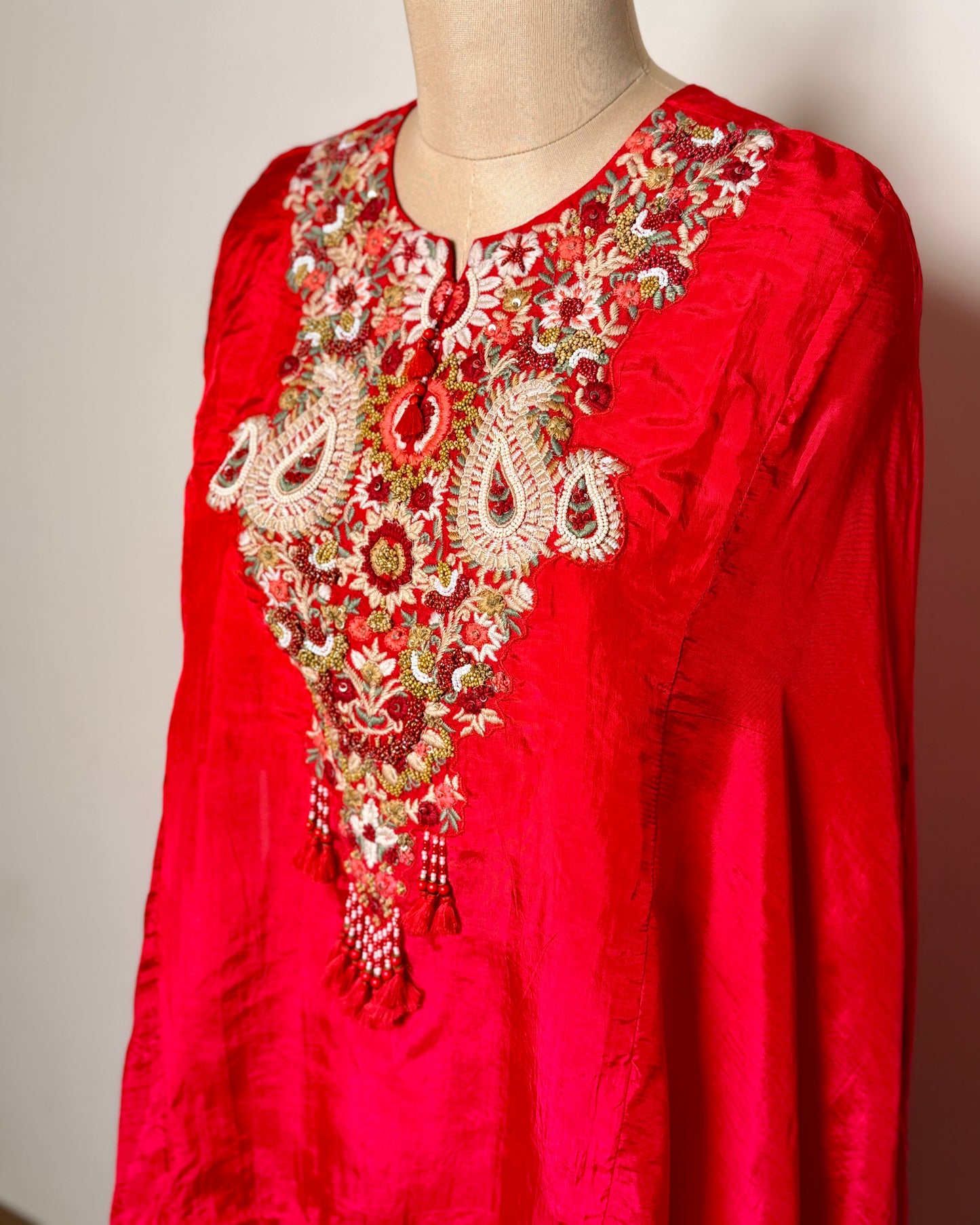 Red Crepe Silk Aari, Moti & Thread Embroidered Indo-Western – SUIT / S-122 / RED R