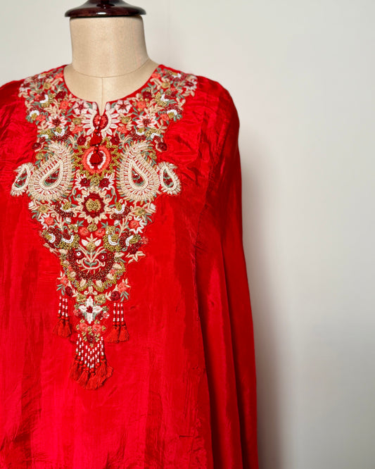 Red Crepe Silk Aari, Moti & Thread Embroidered Indo-Western – SUIT / S-122 / RED R