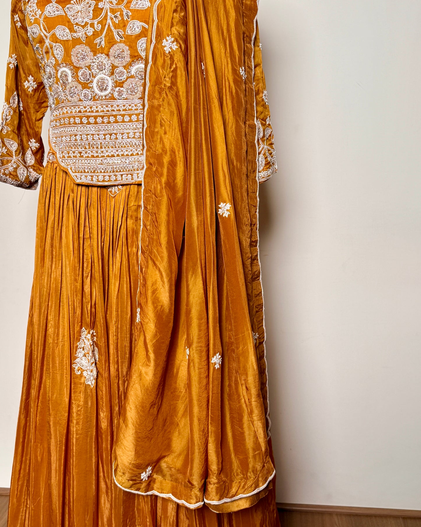 Pure Silk Tangerine Lehenga Set Adorned with Aari and Spring Work - SB 621B LC AG