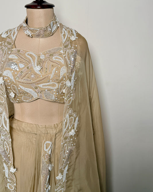 Cream Beige Pure Organza Silk Cut Dana & Moti Embroidered Lehenga Set – SS-794 J