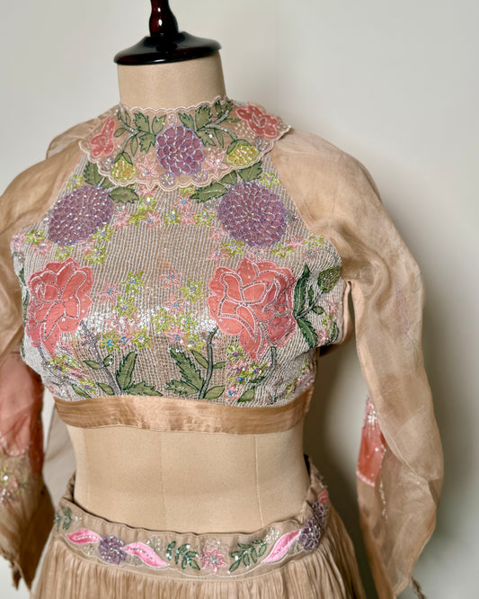 Copper Rose Organza Silk Appliqué, Aari & Cut Dana Embroidered Lehenga Set – Un Ghagra 1 U