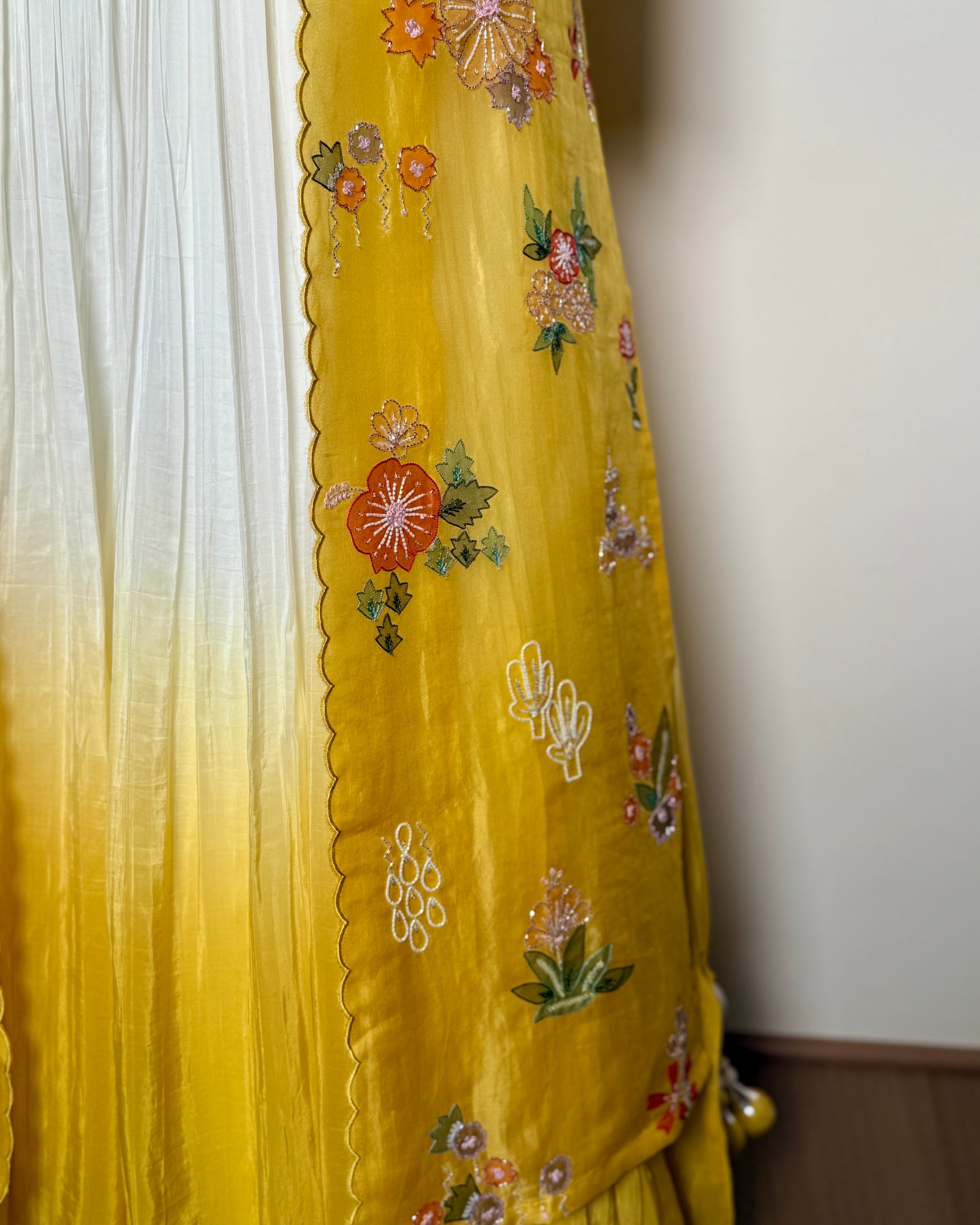 Butter Yellow Chiffon Silk Appliqué, Sequin & Spring Embroidered Lehenga – Un Ghagra 3 U