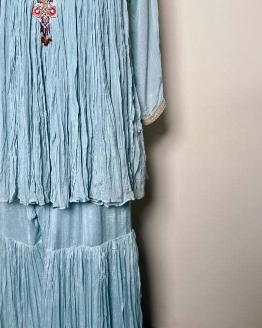 Sky Blue Chiffon Silk Aari & Spring Embroidered Indo-Western – SUIT / S-290 / POW BLUE R