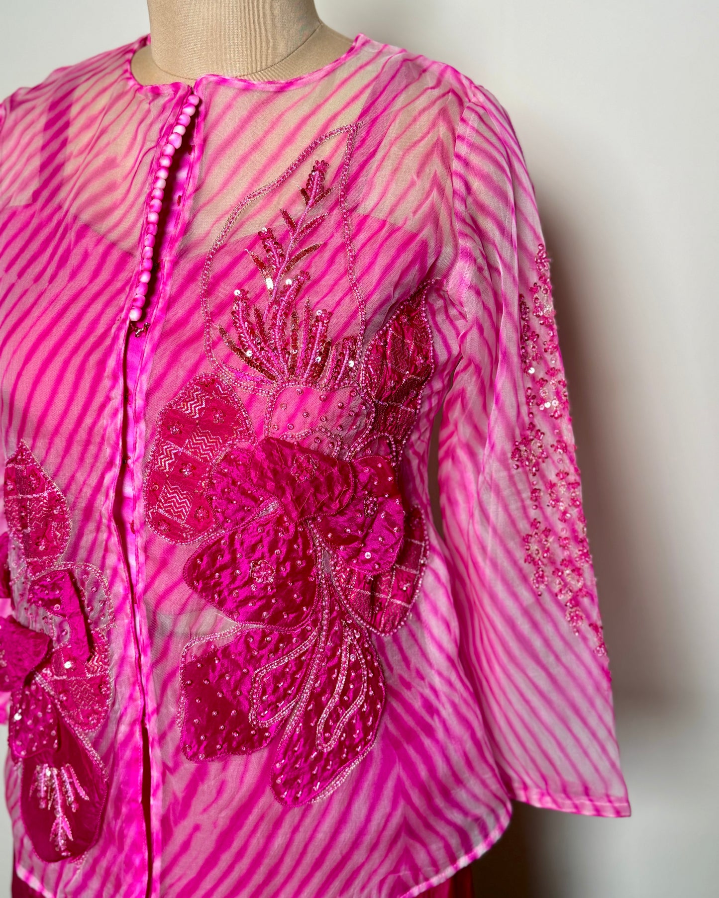 Rani Pink Organza Leheriya & Satin Sequin Appliqué Indo-Western – Un Ghagra 4 U