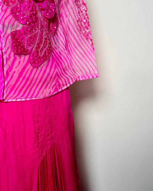 Rani Pink Organza Leheriya & Satin Sequin Appliqué Indo-Western – Un Ghagra 4 U