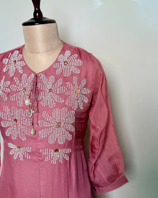 Mauve Pink Chiffon & Satin Moti Floral Embroidered Kurti Set – TF-P-961 L