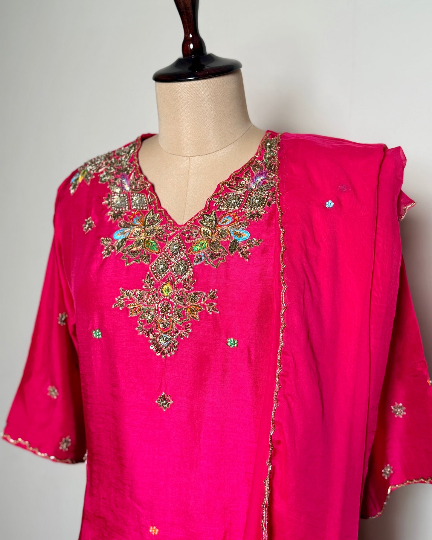 Rani Pink Silk Zardosi & Antique Aari Embroidered Indo-Western – TF-P-691 L
