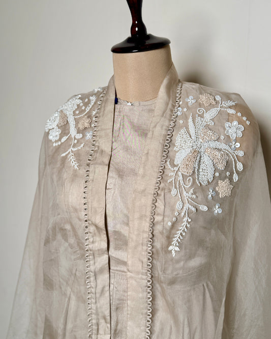 Beige White Pure Tissue Moti, Thread & Sequin Embroidered Indo-Western – TOP/MAHIDUL-N800 V