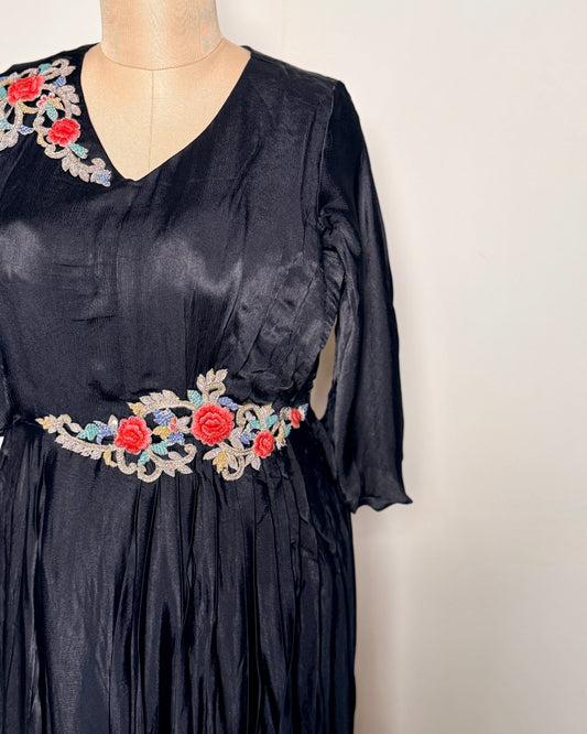 Royal Black Silk Aari, Zardosi & Golden Zari Embroidered Indo-Western – TF-P-903 L