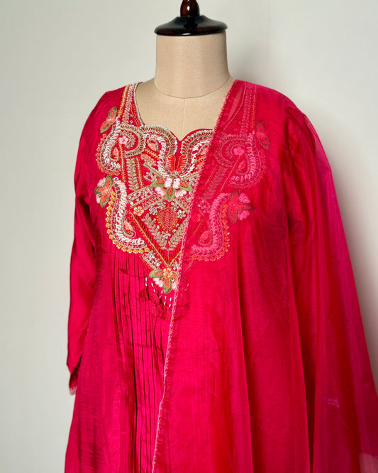 Red Silk Aari, Spring & Knot Embroidered Kurti Set – SUIT / S-194 / RANI R
