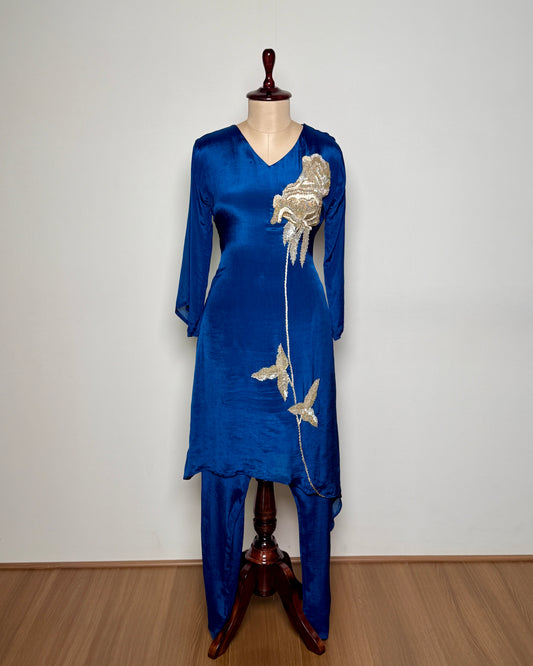 Navy Blue Aari, Moti & Sequin Embroidered Chiffon Silk Kurti - SS-733 J