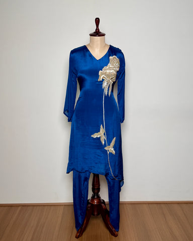 Navy Blue Aari, Moti & Sequin Embroidered Chiffon Silk Kurti - SS-733 J