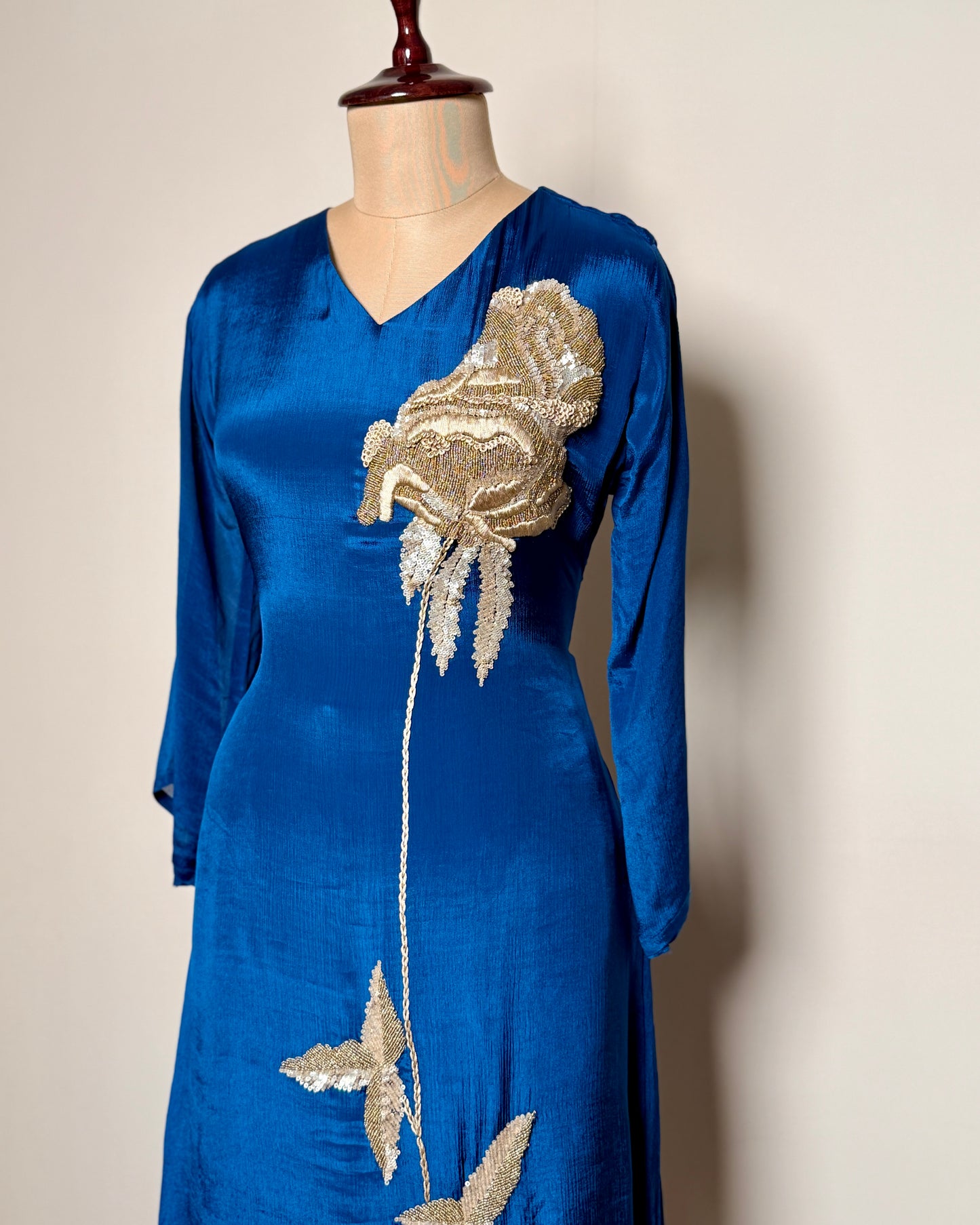 Navy Blue Aari, Moti & Sequin Embroidered Chiffon Silk Kurti - SS-733 J