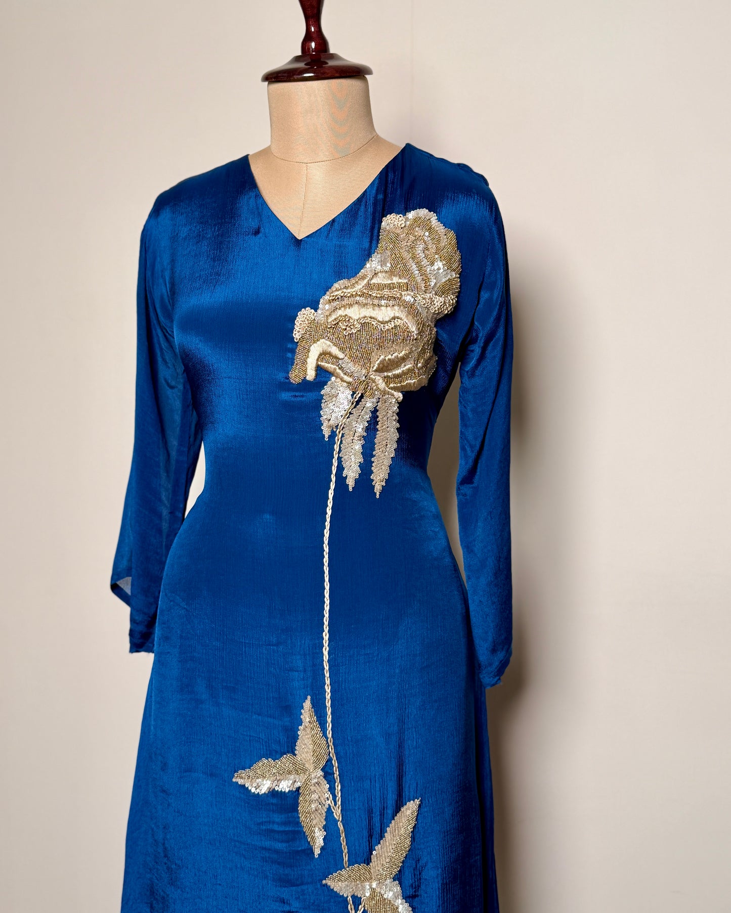 Navy Blue Aari, Moti & Sequin Embroidered Chiffon Silk Kurti - SS-733 J