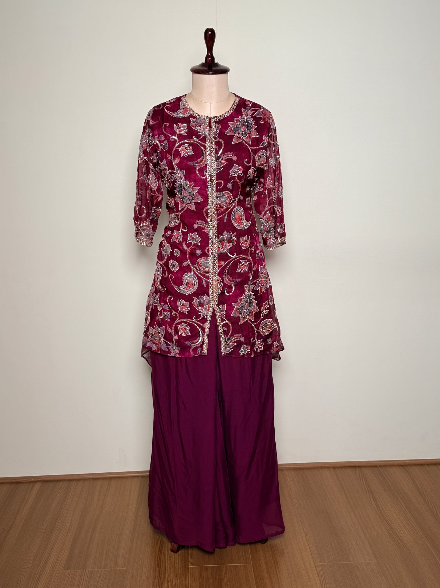 Purple Pure Chiffon Hand-Painted Pitai & Sequin Embroidered Indo-Western – TF-1172 L