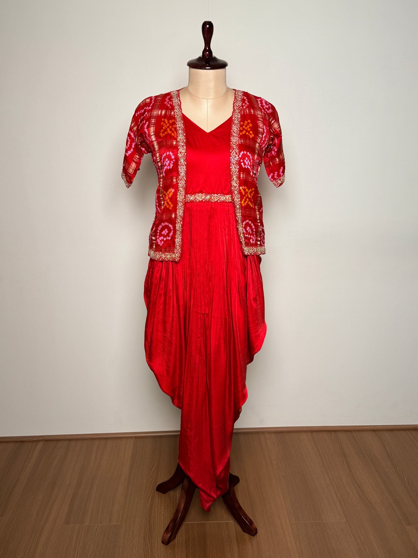 Red Bandhej & Pure Silk Golden Zari Embroidered Indo-Western – Suit 1 U