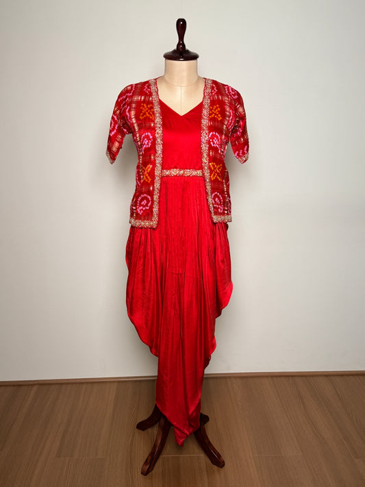 Red Bandhej & Pure Silk Golden Zari Embroidered Indo-Western – Suit 1 U