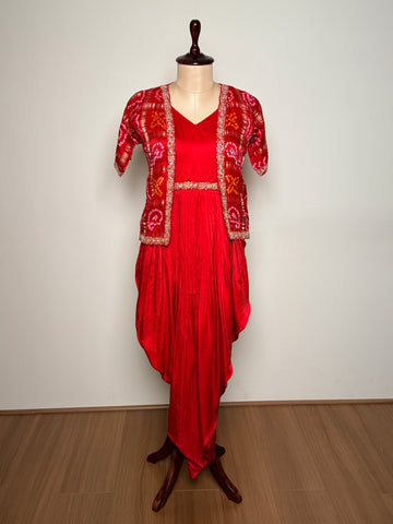 Red Bandhej & Pure Silk Golden Zari Embroidered Indo-Western – Suit 1 U