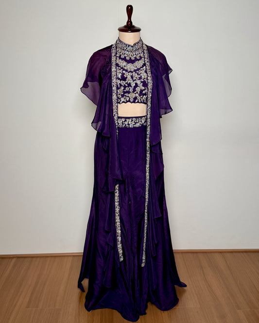 Purple Heavy Zardosi Embroidered Pure Chiffon Indo-Western Set with Cape - SP1738 BURGUNDY C
