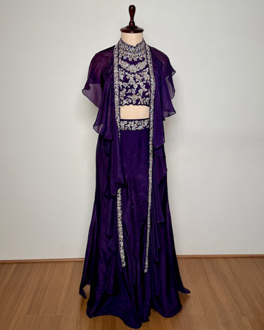 Purple Heavy Zardosi Embroidered Pure Chiffon Indo-Western Set with Cape - SP1738 BURGUNDY C