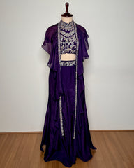 Purple Heavy Zardosi Embroidered Pure Chiffon Indo-Western Set with Cape - SP1738 BURGUNDY C