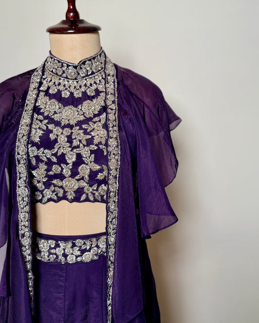 Purple Heavy Zardosi Embroidered Pure Chiffon Indo-Western Set with Cape - SP1738 BURGUNDY C