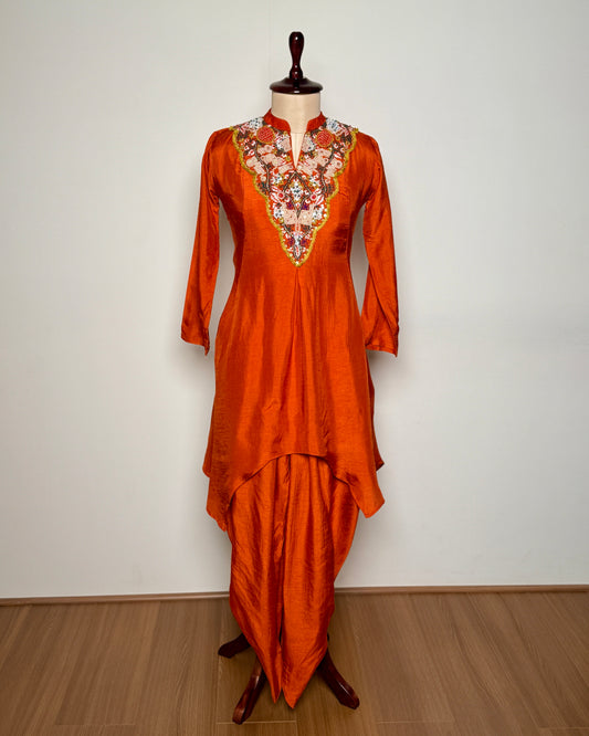 Burnt Orange Thread Handworked Pure Silk Dhoti Drape Indo-Western Set - 16190TP-INNN D
