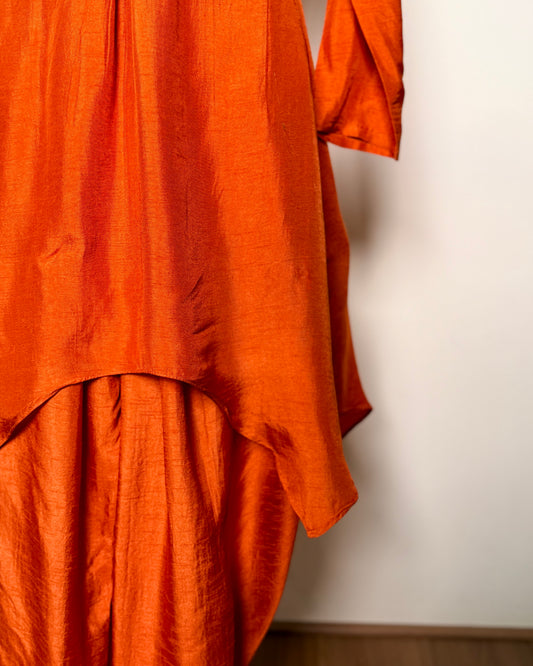 Burnt Orange Thread Handworked Pure Silk Dhoti Drape Indo-Western Set - 16190TP-INNN D