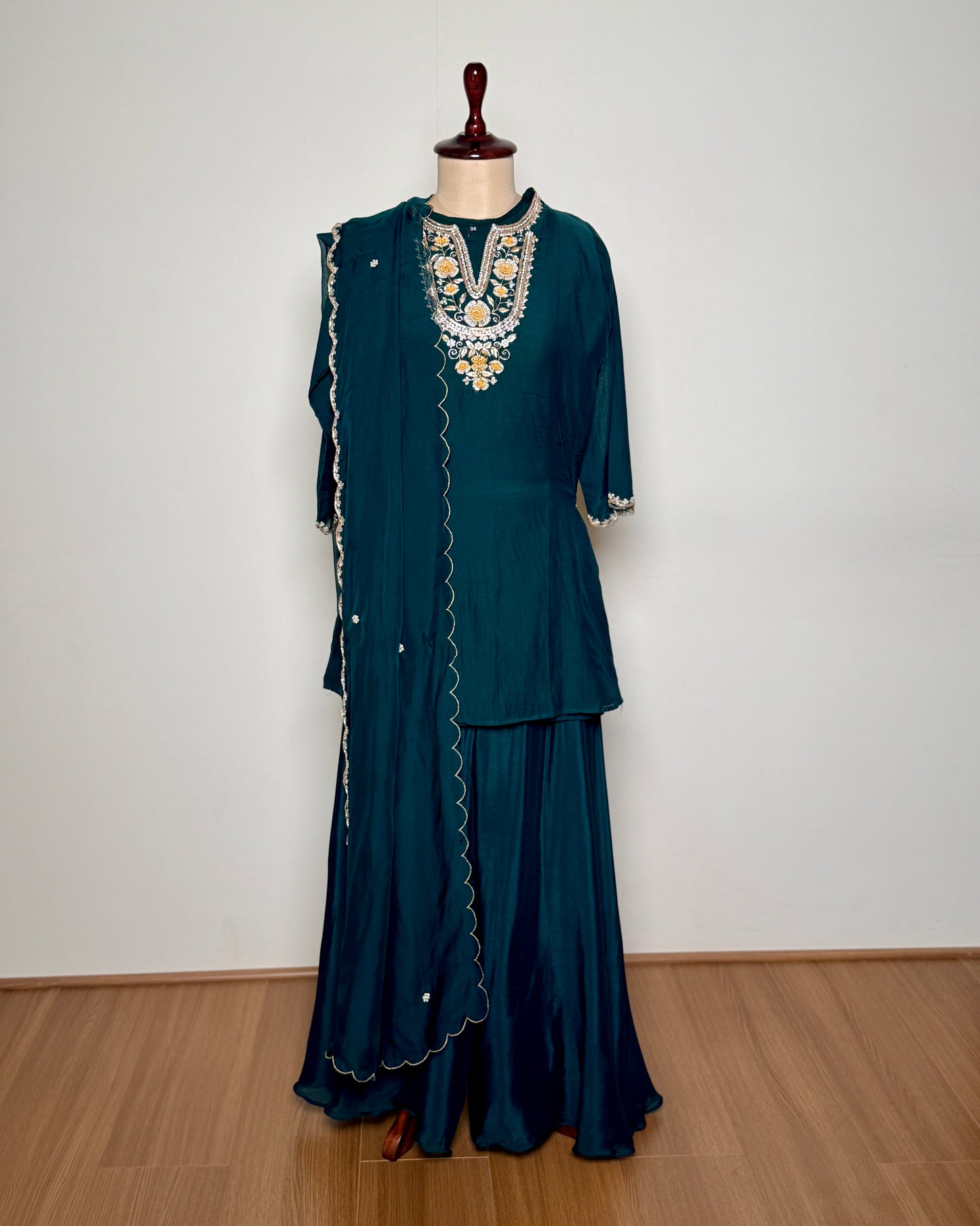 Deep Emerald Green Zardosi Hand-Embroidered Silk Blend Kurti Set with Organza Dupatta -16941SR - IBKN D