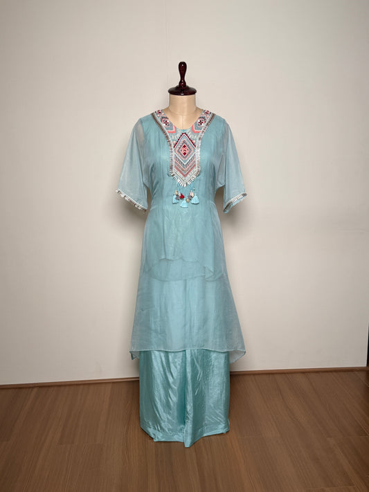 Pastel Blue Chiffon & Silk Aari, Moti & Thread Embroidered Kurti Set – TF-P-1003 L