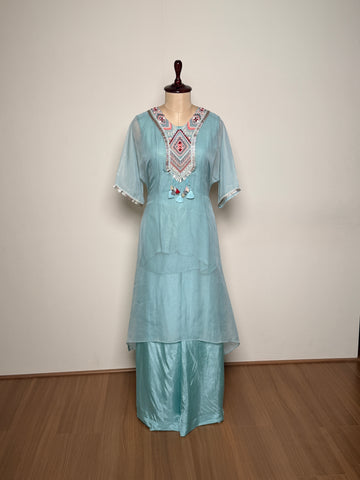 Pastel Blue Chiffon & Silk Aari, Moti & Thread Embroidered Kurti Set – TF-P-1003 L
