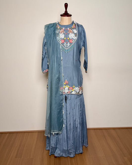 Grey Bead, Aari & Zardosi Handworked Pure Silk Indo-Western Set - SUIT / S-107 / GREY R