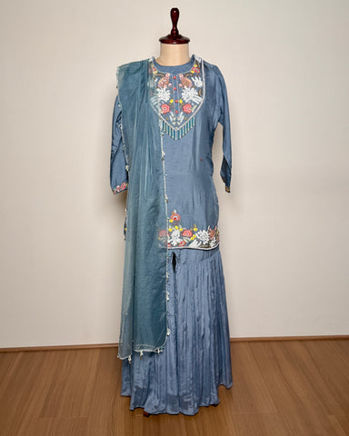 Grey Bead, Aari & Zardosi Handworked Pure Silk Indo-Western Set - SUIT / S-107 / GREY R