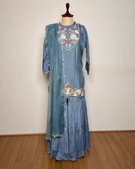 Grey Bead, Aari & Zardosi Handworked Pure Silk Indo-Western Set - SUIT / S-107 / GREY R
