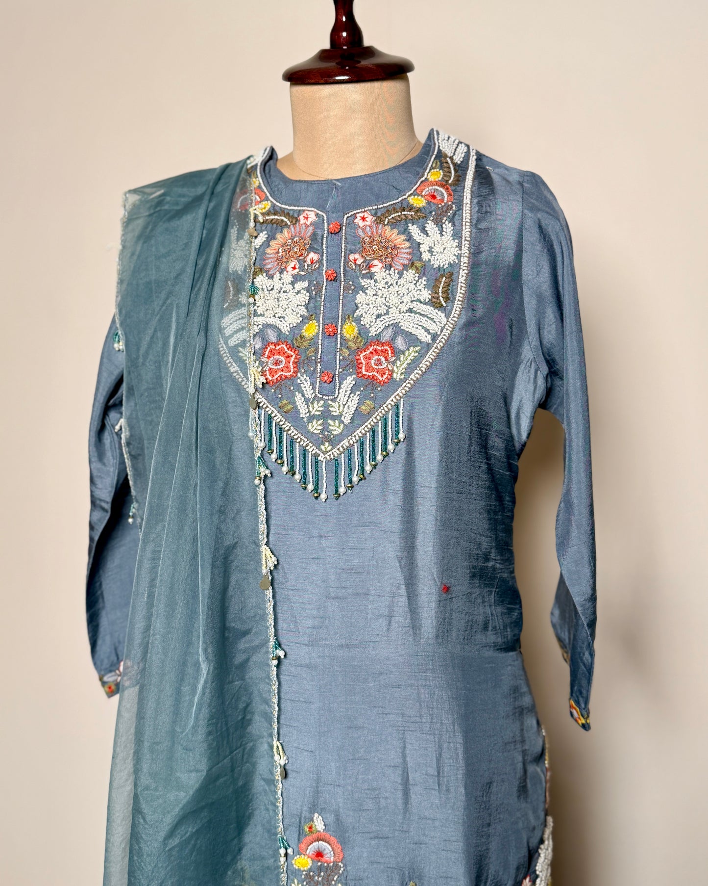 Grey Bead, Aari & Zardosi Handworked Pure Silk Indo-Western Set - SUIT / S-107 / GREY R