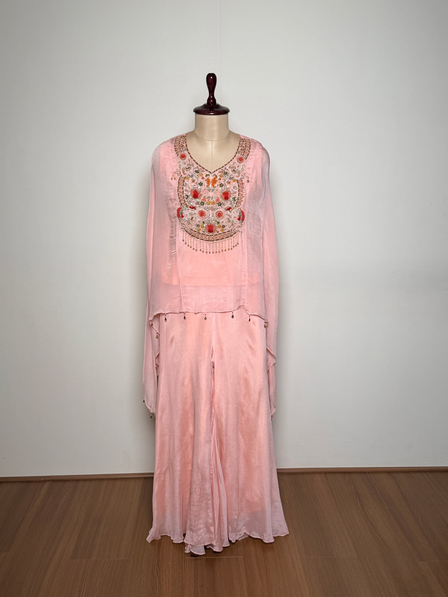 Soft Peach Silk Thread, Sequin & Bead Embroidered Indo-Western – SUIT / S-106 /PEACH R