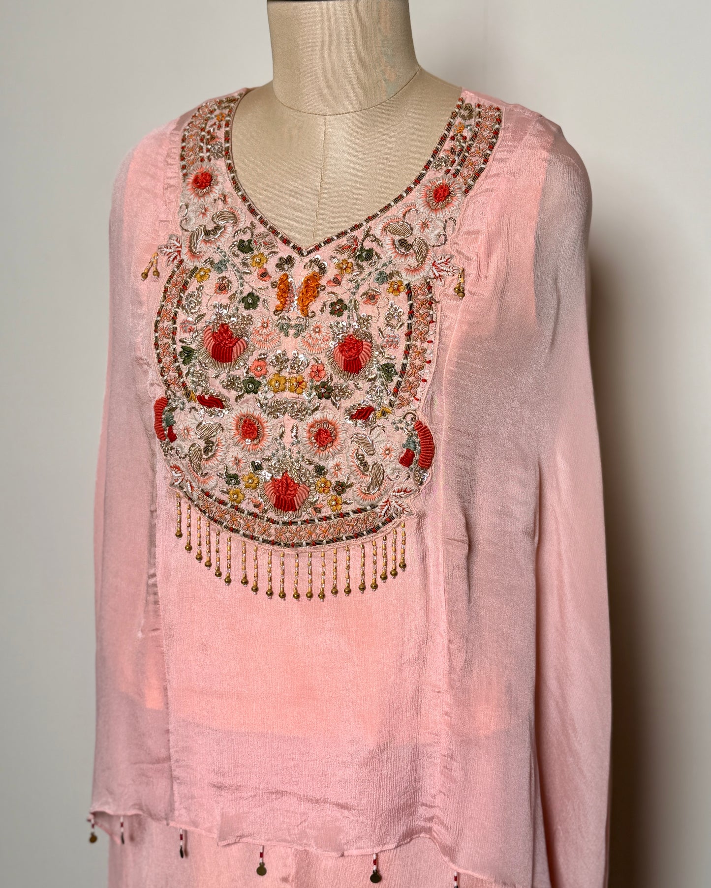Soft Peach Silk Thread, Sequin & Bead Embroidered Indo-Western – SUIT / S-106 /PEACH R