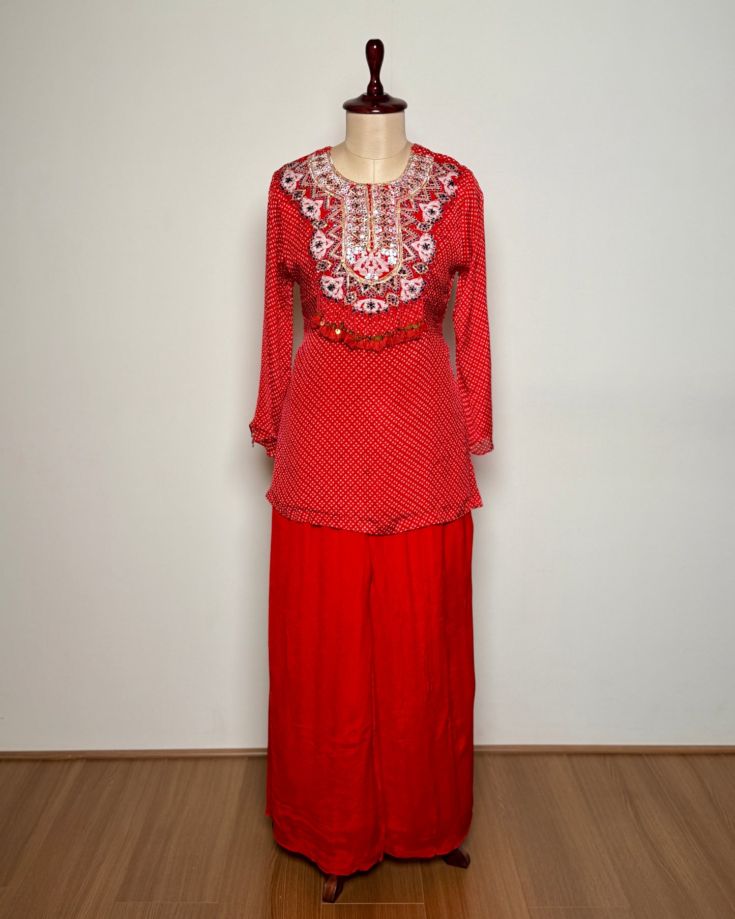 Red Georgette Thread, Mirror & Sequin Embroidered Indo-Western – SUIT / S-113 / RED R