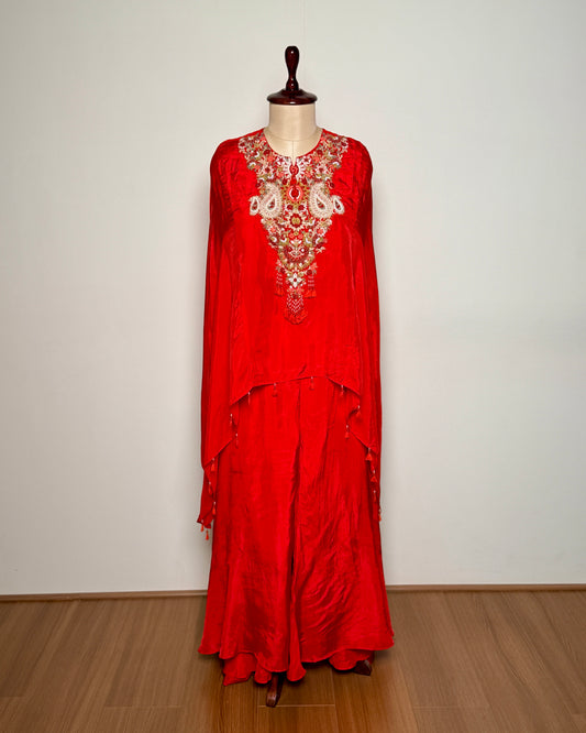 Red Crepe Silk Aari, Moti & Thread Embroidered Indo-Western – SUIT / S-122 / RED R
