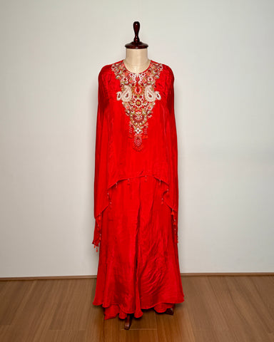 Red Crepe Silk Aari, Moti & Thread Embroidered Indo-Western – SUIT / S-122 / RED R
