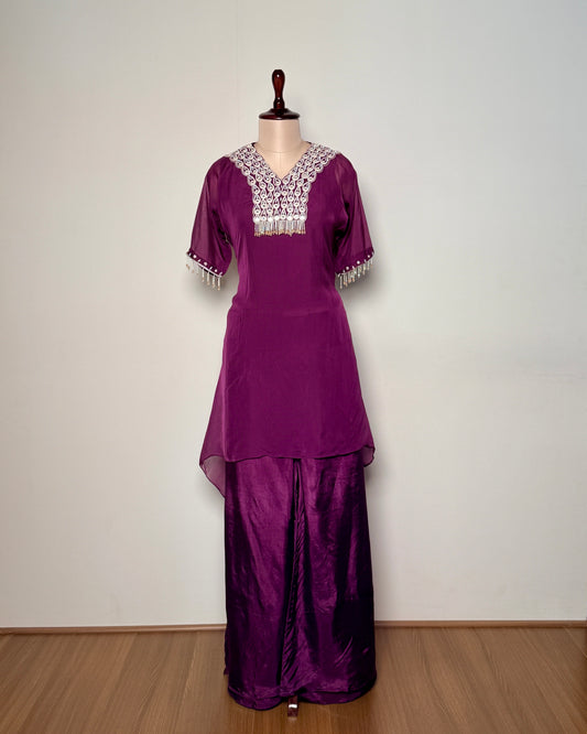 Magenta Pink Crepe Silk Mirror, Sequin & Cutwork Embroidered Indo-Western – TFP-889 L