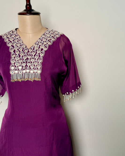 Magenta Pink Crepe Silk Mirror, Sequin & Cutwork Embroidered Indo-Western – TFP-889 L