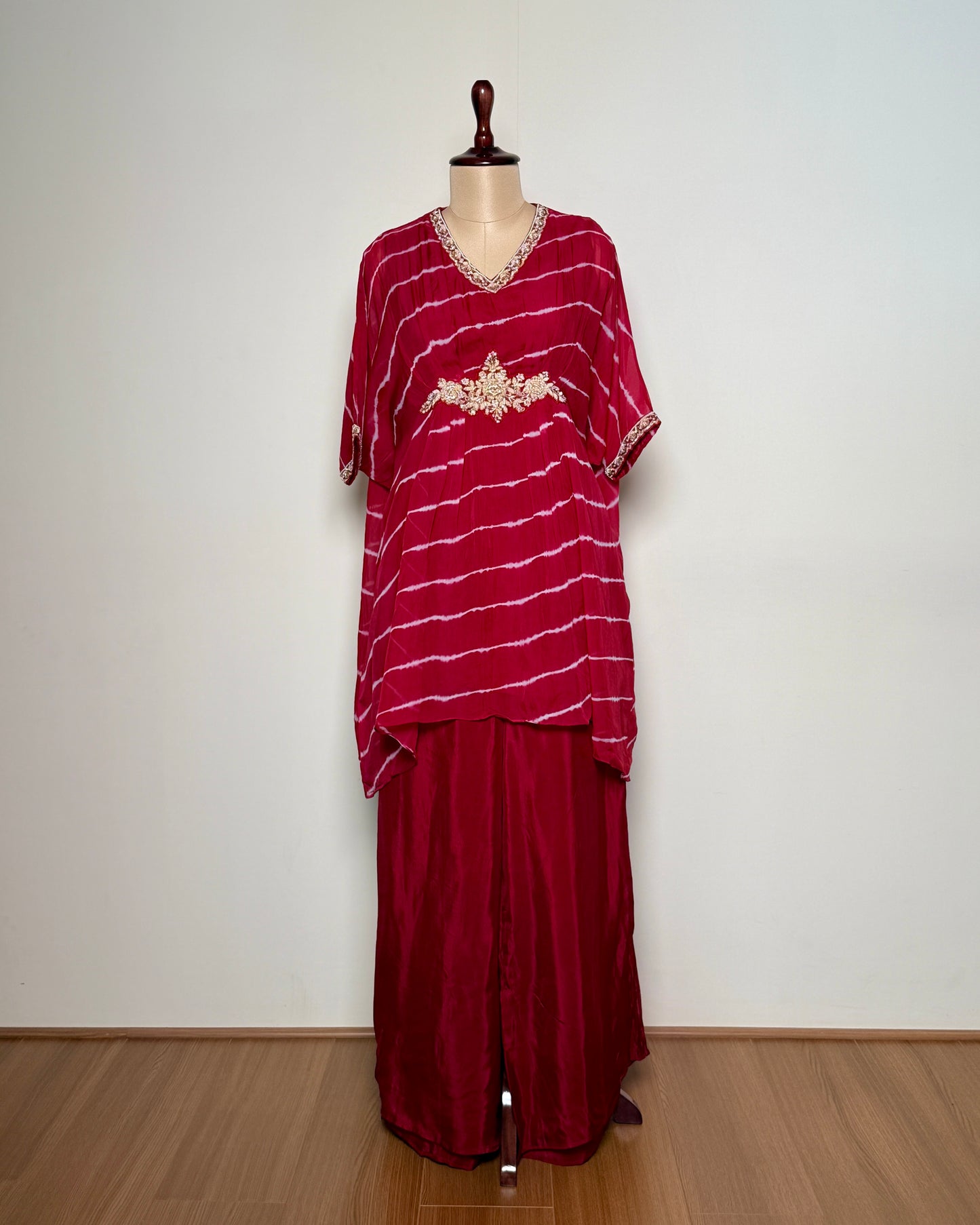 ChatGPT said:  Title: Magenta Pink Silk Zardosi Leheriya Embroidered Indo-Western – TF-P-1093 L