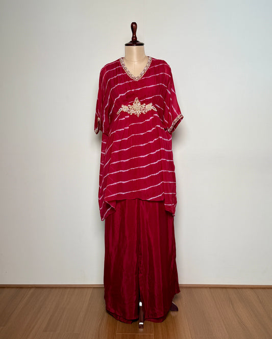 ChatGPT said:  Title: Magenta Pink Silk Zardosi Leheriya Embroidered Indo-Western – TF-P-1093 L