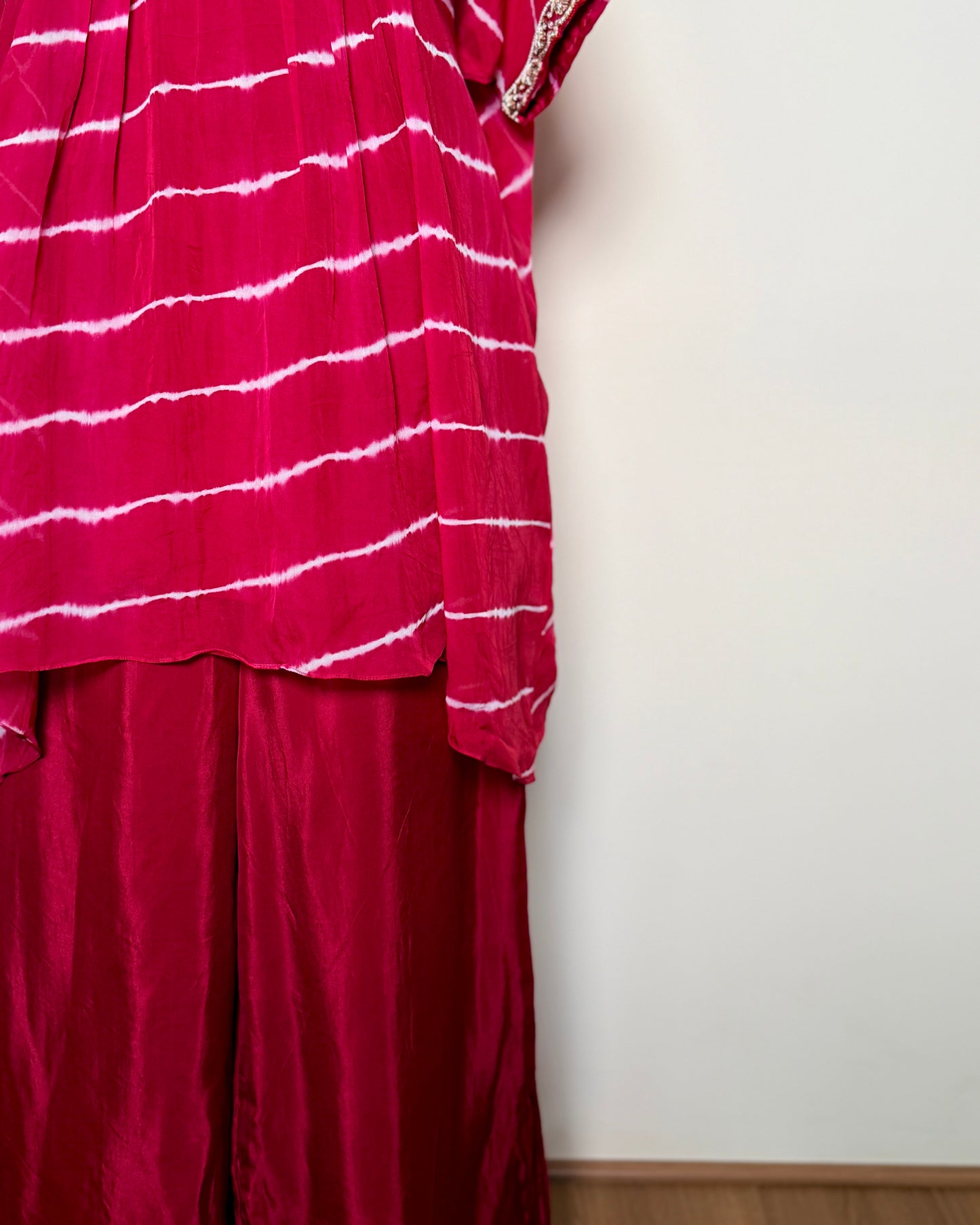 ChatGPT said:  Title: Magenta Pink Silk Zardosi Leheriya Embroidered Indo-Western – TF-P-1093 L